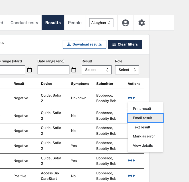 Selecting a test result to email to a patient